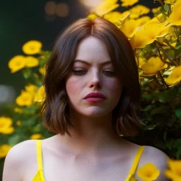 Emma Stone underwear with yellow flowers for hair, closed eyes, rtx, reflection, 8k, glow, winning photography, caustics