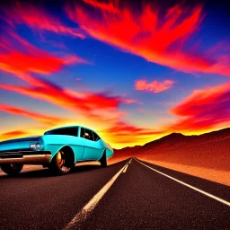 art deco, muscle car, desert road, sunset, full colour, hd,