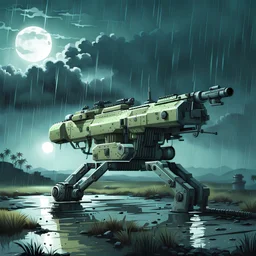 scifi machine gun turret, outside, rain, moonlight