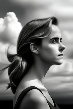 emma watson : The contours of the woman are crafted from dense yet delicate clouds, making her appear goddess-like as she seemingly floats weightlessly in the sky. Boundless Harmony: The amalgamation of clouds forms a feminine figure seamlessly merging with the surroun