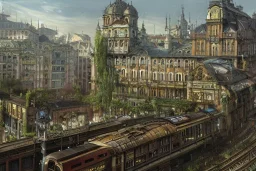 Trainstation+Bar and garden on High Bridges across Skyscraper river+Gothic village+European Metropolis on sea+naples alley+Torino square+trieste canals+victorian London+decòpunk Skyscraper+ +steampunk+biopunk+alphonse mucha, greg rutkowski, matte painting, cryengine, hyper detailed, felix kelly, fantasy art, seb mckinnon