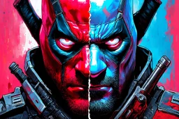 Poster in two gradations, split in half, one side "deadpool", other side "wolfverine", midline of the face, painting by Yoji Shinkawa, tones and colours randoms, solid, pastel , detailed iridescent, metallic, translucent, dramatic lighting, hyper futuristic, digital art,