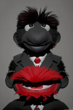 Waist up muppet Portrait, Kim Jong-un muppet doll, black suit, photo studio, red background, unreal engine 5, concept art, art station, ray tracing, lumen lighting, ultra detail, volumetric lighting, 3d.