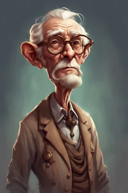 fantasy concept art, small VERY OLD skinny wrinkled grandpa with insanely thick glasses man