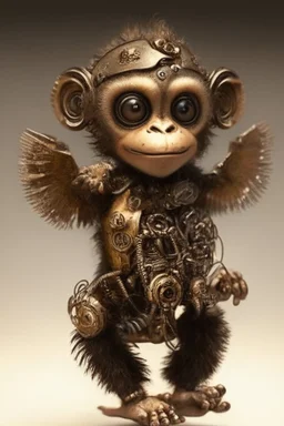 small cute steampunk mechanical monkey, made of metal with mechanical wings, cute hands and feet