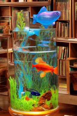 An aquarium glass cat shaped aquarium with fish, colorful fish, in an old style cozy library with a comfortable armchair to sit in and a large aquarium with fish, colorful fish