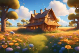 A bright, magical and inviting house made of wood in a golden honey hue. A magical field of flowers. Blue sky everything is very bright in the style of Pixar