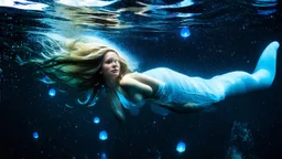 Airbrush, A slender, ethereal woman with cascading blonde hair and piercing sapphire-blue eyes dives into the velvety blackness of the ocean, surrounded by an otherworldly aura of bioluminescence that shimmers like a thousand tiny lanterns. Airbrush, The water around her sparkles with a mesmerizing glow, as if filled with stardust, with delicate, swirling patterns that evoke the shimmering beauty of the night sky. Stars and the moon hang low in the background, casting a silvery glow across the s