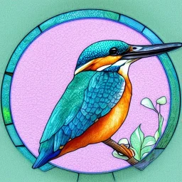 round coaster of kingfisher with stained glass window effect, highly detailed, intricate, warm colors, digital painting