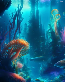 An underwater cityscape teeming with marine life and futuristic architecture, with glowing bioluminescent coral structures and advanced underwater transportation systems. The scene is a harmonious blend of aquatic beauty and cutting-edge technology, creating a sense of wonder and adventure. Ultra-HD, vivid colors, and intricate details make this image a visual feast.