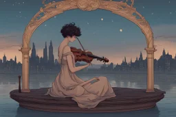 **A lone musician performing a serene melody on a floating city at dusk, art nouveau style --ar 16:9** - <@1191242266925338689> (relaxed)