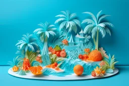 A light blue tropical island with fruit designed in Chinese paper art