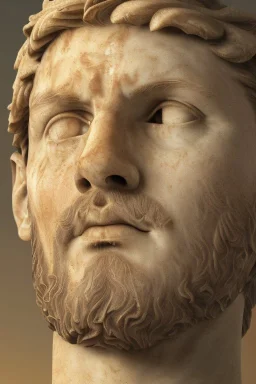 Realistic image, Roman sculpture made in marble with gold veins, Lionel messi, gold laurel leaves crown, waist up portrait,marble material, gold ornaments, Renaissance style, sun rays background, epic, celestial, cinematic lighting, God lights, 4k resolution, smooth details, soft lighting, unreal engine 5, art station, substance 3d.