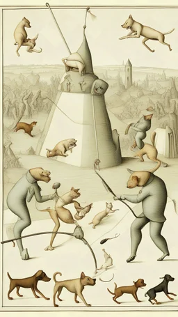 Hieronymus Bosch style cats and dogs attacking humans