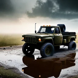 hyperrealistic shot, muddy military toy truck, monotone color palette, sharp focus, puddle reflection, tire water splash, refraction, mist on the horizon, shadowcast, detailed and intricate, cinematic composition, micro, tilt shift photography