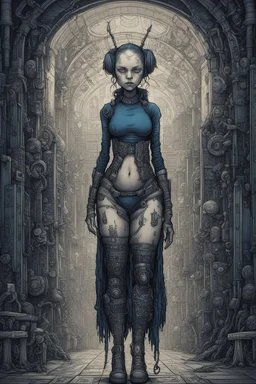 cyberpunk full body, huge girl and petit girl in symetric illustration by <John Kenn Mortensen> <Katsushika Hokusai> darkblue tones, hyperdetailed,