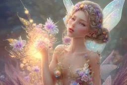 one very little beautiful fairy on a big crystal subtle flower in a galactic ambiance, transparent petals, delicate colors, in the foreground, full of details, smooth, bright sunshine，soft light atmosphere, light effect，vaporwave colorful, concept art, smooth, extremely sharp detail, finely tuned detail, ultra high definition, 8 k, unreal engine 5, ultra sharp focus