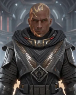 star wars bald male corellian jedi wearing gunmetal grey and black old republic armored flightsuit with gold and metallic red trim inside the jedi temple, centered head and shoulders portrait, hyperdetailed, dynamic lighting, hyperdetailed background, 8k resolution, volumetric lighting, light skin, fully symmetric details