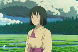 A haunting portrait of Yui in her oxygen farming gear, standing in the middle of her dying biodome. The dome's once vibrant green hues are fading into a somber brown, reflecting the ominous Alberta forest fires in the backdrop.