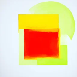 minimalist abstract painting of a ethereal red rectangle offset by a yellow square hyperimposed by a green circle, white background, shimmering translucent geometries