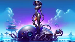 woman with dark hair in a silver robotic catsuit, standing on a futuristic alien beach with a crashed spaceship in the water, with mushrooms with octopus tentacles flying in the air