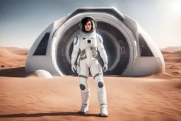 photorealistic slim woman ina spacesuit with dark hair and white boots in a heroic pose at the entrance to a spaceship in the desert