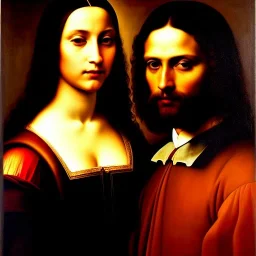 portrait of Jacobo Santiago Mozos born in 1976 and Gemma Arnau Arnau born in 1979,by Leonardo da Vinci, oil on canvas, cinematic composition, extreme detail,8k,fit full head inside picture