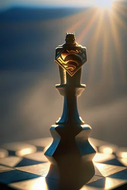 superman chess piece buildt of by yellow stones misty trending, depth of field, backlit, in hexagon valley