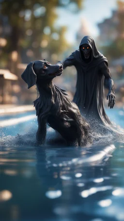 naked dementor petting his dog in a water slide,bokeh like f/0.8, tilt-shift lens 8k, high detail, smooth render, down-light, unreal engine, prize winning