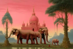A pink magical Indian elephant palace painted by Caspar David Friedrich