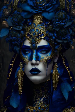 Beautiful faced lady portrait wearing decadent baroque shamanism floral blue, golden gradient headdress, under decadent style in the rain, wearing decadent shamanism dark goth chain beads lace effect costume organic bio spinal ribbed detail of decadent baroque dark goth half face masque, floral background extremely detailed hyperrealistic maximálist portrait art