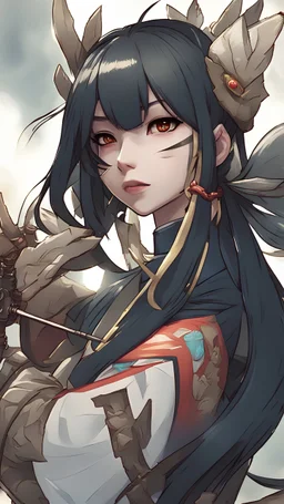 A close picture of Samira from league of legends in Japanese style, black hair and patch on one eye, weapons master