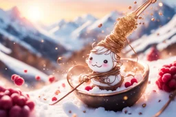 whipped cream peaks in a copper whisk (60% of the picture), cute chibi kids sledding down the peaks, a wire whisk next to the cauldron, raspberry seeds in sunshine, watercolor and black ink outlines, sparkling golden glitter, ethereal, cinematic postprocessing, bokeh, dof