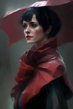 A full shot of a woman with short dark hair, wearing only a scarlet silk scarf, hands at her sides standing in the rain looking forward in the fantasy style