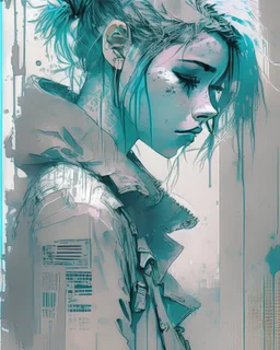 portrait of a tired and sad cyberpunk woman; ink line art on used newspaper, tint leak, ((((splash art)))), light weak pastel colors of light baby blue and drab and beige