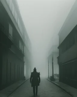 Dark street life creepy fog colours strong texture ombre insensate nightmare 8k artistic Photography volumetric light, Yves Tanguy