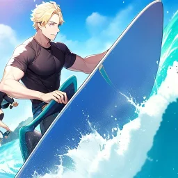 ONE anime blonde boy, riding the perfect waves, balancing on a surfboard, going through a huge wave