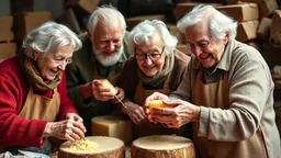 Elderly pensioners making cheese. Everyone is happy. Photographic quality and detail, award-winning image, beautiful composition.