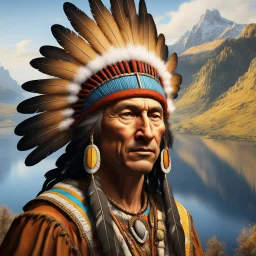 stunning 3D render of a painting in the style of Rembrandt featuring Winnetou, the chief of the Aachen tribe. Winnetou is depicted as a noble and wise leader, adorned with intricate feathers and a colorful headdress. The background portrays a vast, rugged landscape with a rocky mountain range and a serene lake, casting a warm golden glow. The overall atmosphere is a mix of both realism and dreamlike fantasy, reflecting Rembrandt's masterful use of light and shadow., illustration, 3d render, pain