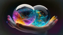 Chrystal ball to look into the future, hands around the ball, smoke appearing inside the ball, pink, dark blue, orange, yellow, aqua blue, very detailed and realistic