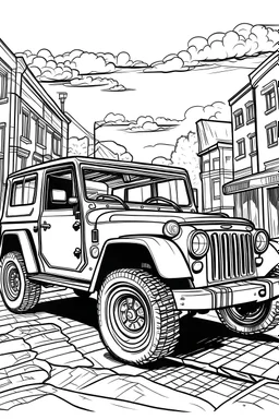 coloring page, car Jeep alternative parked on the asphalt street, cartoon style, thick lines, few details, no shadows, no colors, centered in the image
