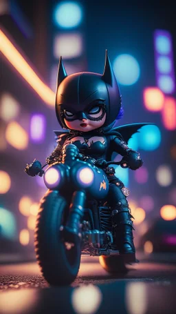 A flirty face Kawaii tiny hyper realistic batman riding mini harley davidson sportster, wearing bikers batman clothes with shooting action, night of cyberpunk city background. wide angle full body, 8k, Cinematography, photorealistic,epic composition Unreal Engine,Cinematic, Color Grading, Portrait Photography,Ultra-Wide Angle, Depth of Field, hyper detailed