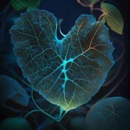 crisp leaves of vine with intricate bioluminescent veins forming the shape of a heart, ultra-detailed, fresh and vivid color, backlight, professional food photography, 8k, high resolution, delicate details