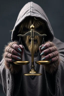 A scary hairy hands of a hooded creature holding the Scale Of Justice ,