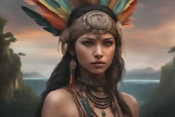 Photoreal unearthly gorgeous indigenous godlike mayan girl at a mayan coastal town adorned in clothes adorned with feathers that flutter with every step exuding beauty that blends seamlessly with the natural surroundings and hair cascading down her back like a waterfall of obsidian and eyes holding a spark of wild intelligence in a dense rainforest, otherworldly creature, in the style of fantasy movies, shot on Hasselblad h6d-400c, zeiss prime lens, bokeh like f/0.8, tilt-shift lens