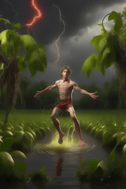 A young man with arms and legs made of fruit trees floats above a swamp casting lightning bolts