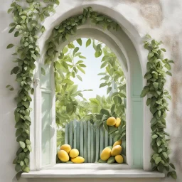 A window in white with an arch decorated with mangoes and light green leaves