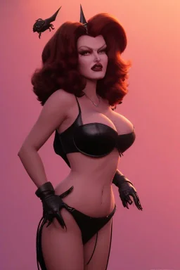 Rita Hayworth as evil queen in black leather, busty, cleavage, curvy, angry, stern look. character design by cory loftis, fenghua zhong, ryohei hase, ismail inceoglu and ruan jia. unreal engine 5, artistic lighting, highly detailed, photorealistic, fantasy