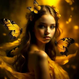 A beautiful young girl in the form of a butterfly flying in golden yellow, a wonderful fantasy scene that is attractive and eye-catching