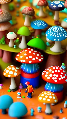 mushrooms colorful town with tiny people